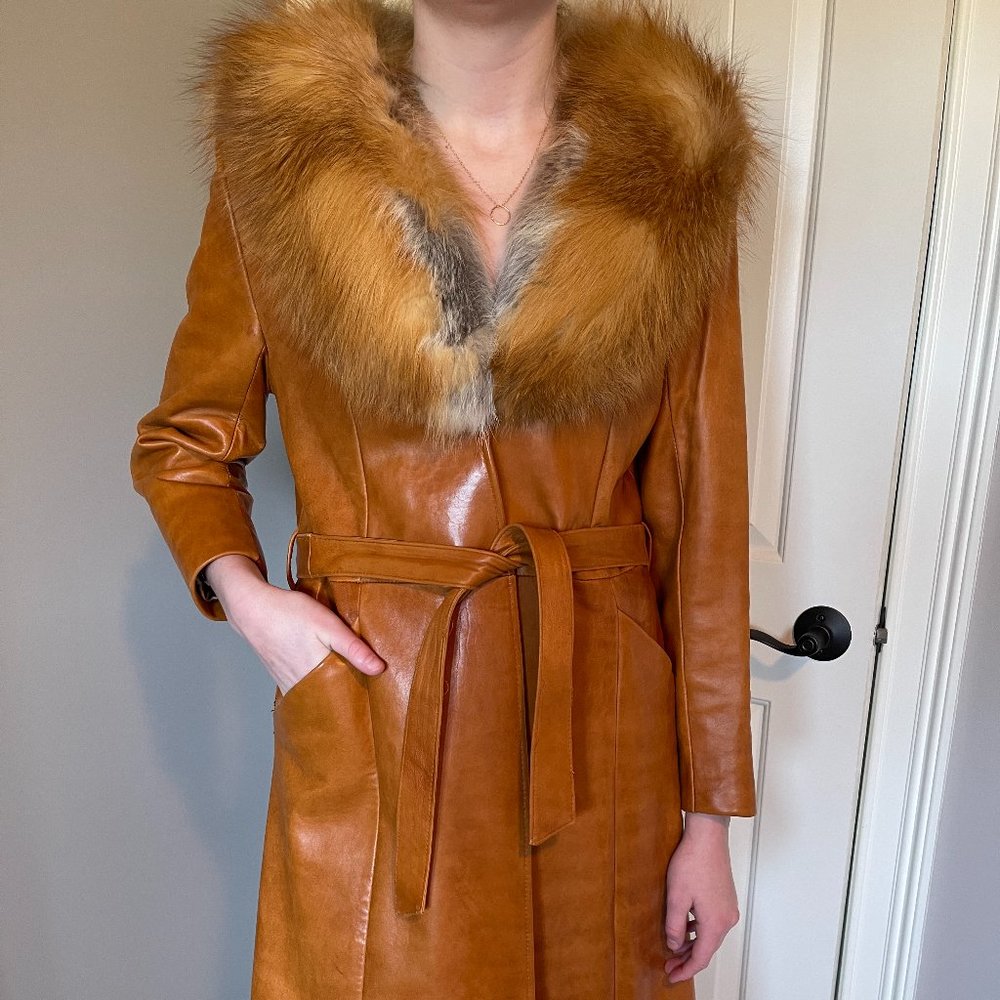 Vintage 70s "Styled by Scully in Los Angeles" Long Leather Coat with Fur Collar